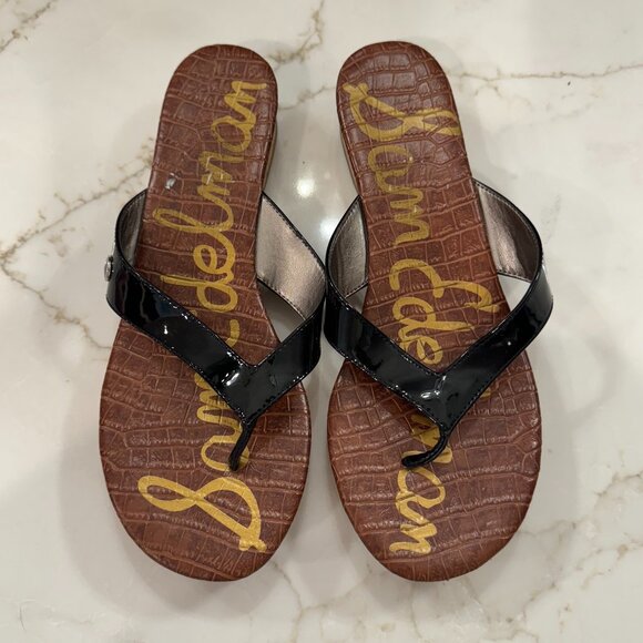 Sam Edelman Tanya Cork Wedge Sandals Women Size 8 Black Brown Thong Flip Flops - Picture 1 of 8